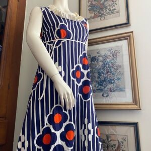 Vintage 1970s Blue and Red Floral Empire Maxi Dress